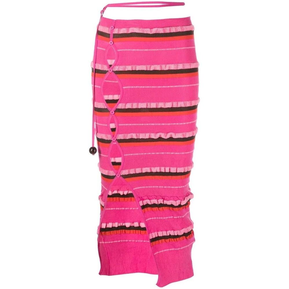 Jacquemus Skirt Womens 38 Pink Striped Knit Ruffle Cutout Midi